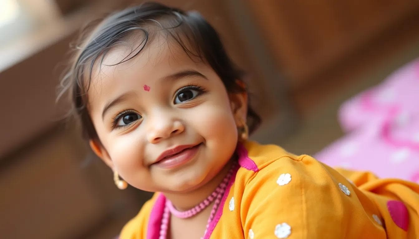Baby girl with a serene smile, symbolizing modern Hindu baby girl names