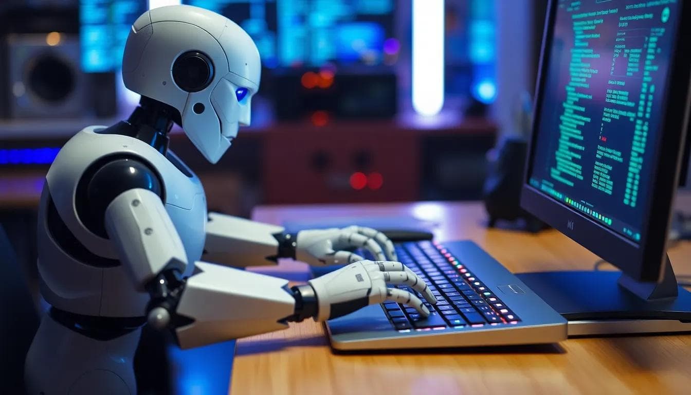 Illustration of a robot typing on a computer