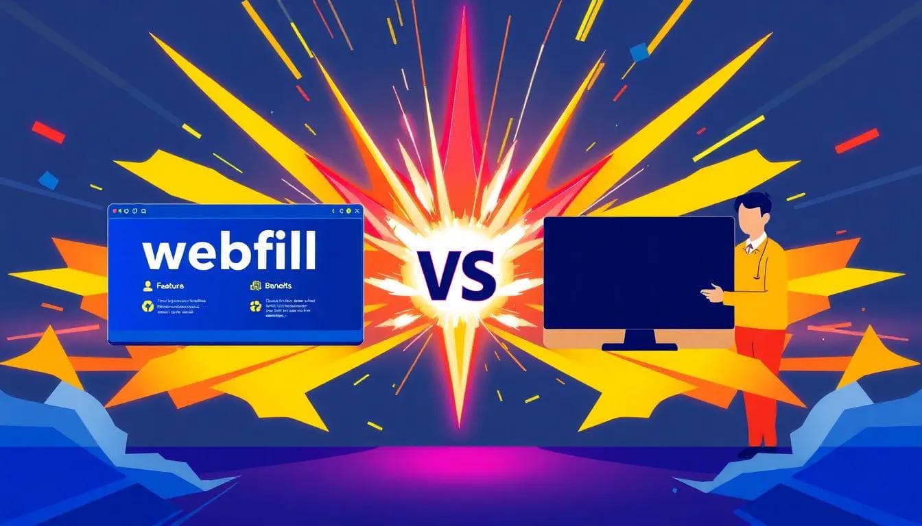 digital illustration of a dynamic showdown between webfill and its competitors, featuring two contrasting sides with webfill on the left and competitors on the right, each side displaying unique features and benefits in vibrant colors, set against a tech-themed background with abstract shapes, energetic lighting effects, eye level, created using Adobe Illustrator