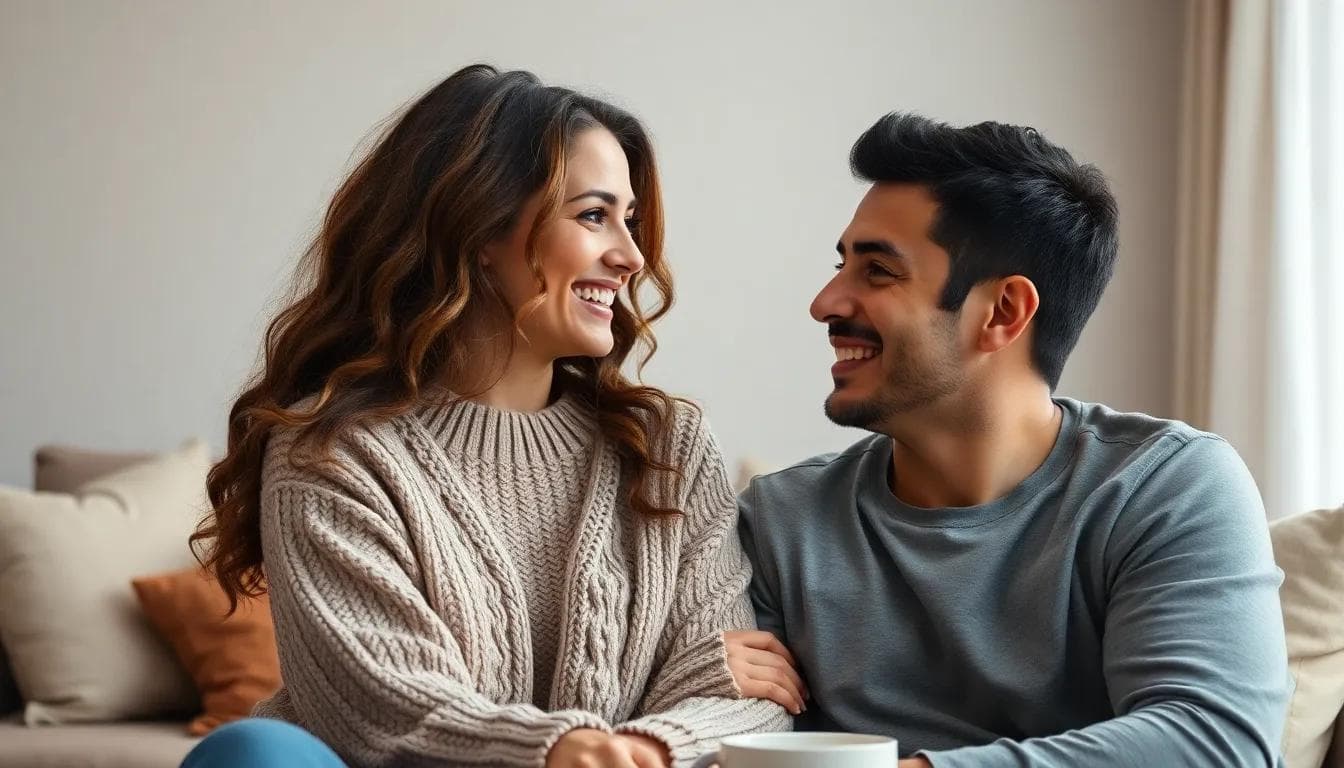 lifestyle photo of a happy couple, both in their 30s, the woman has long wavy brown hair and is wearing a cozy sweater, the man has short black hair and is wearing a casual shirt, they are smiling at each other, full body, in a warm living room with soft pillows and a coffee table, soft diffused lighting, eye level, Canon EOS 5D